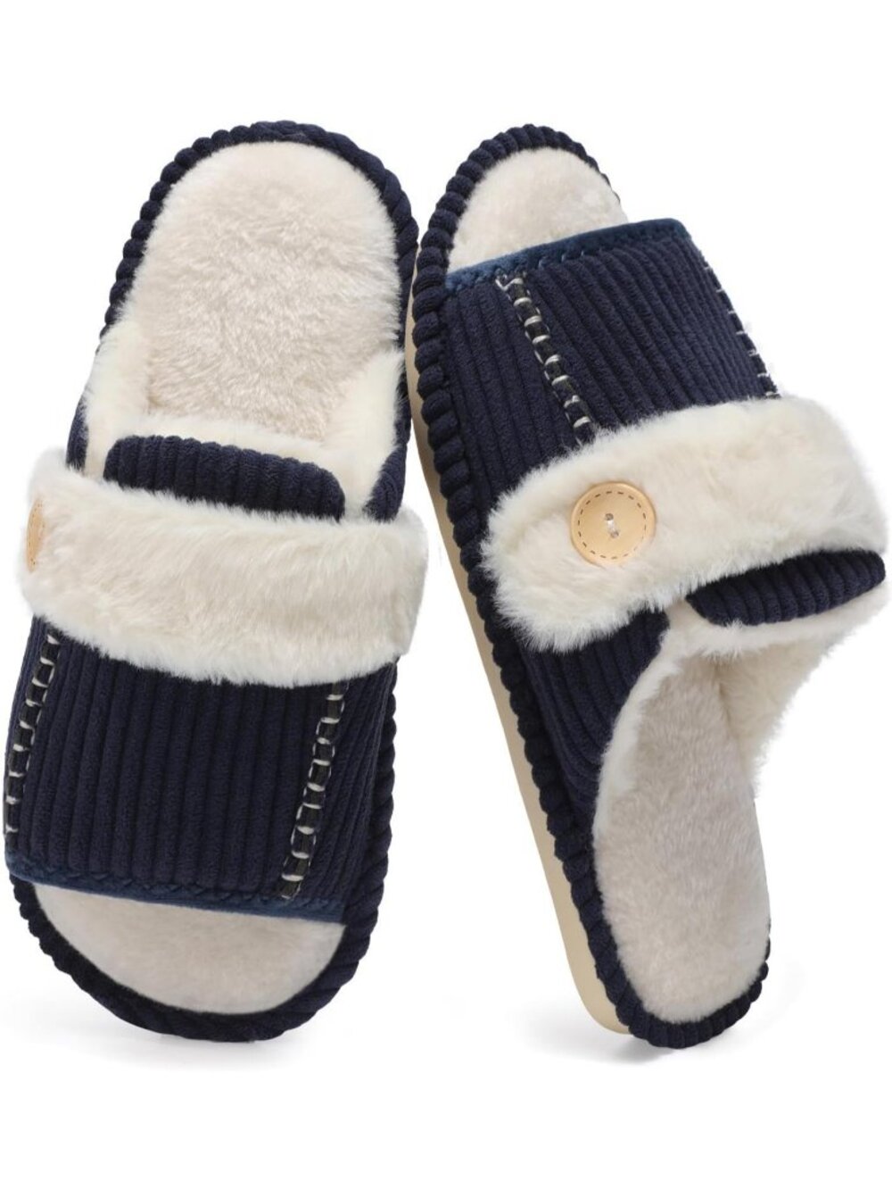 Women's Navy Fuzzy Open Toe Slippers Memory Foam Faux Fur House Non-slip Shoes